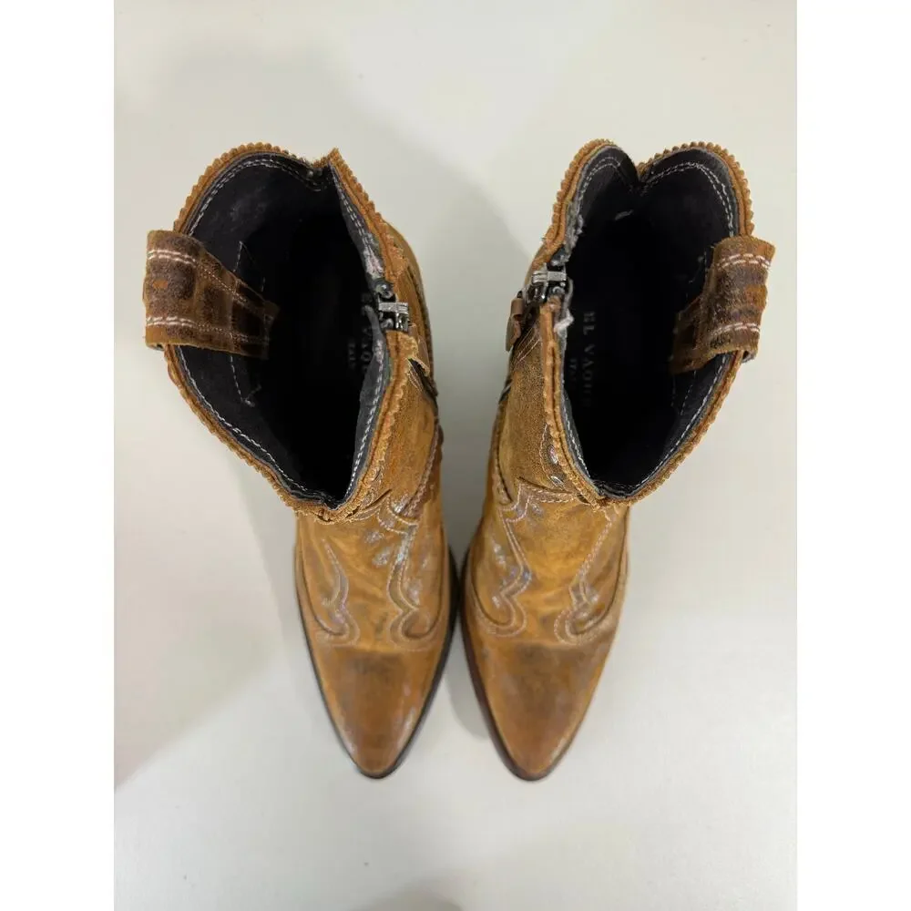 El Vaquero Women’s Pecos Ankle Boots Brown Leather Fringe Studded Size 41 Boho